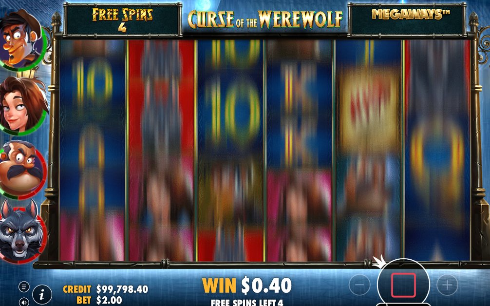 Free Spins-läget där Werewolf-symbolen hotar de fyra byborna